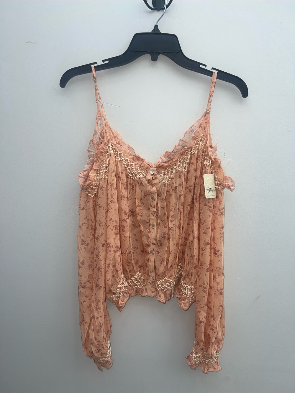 Free People Peach Floral Lace-Trim Off the Shoulder Long Sleeve Tank